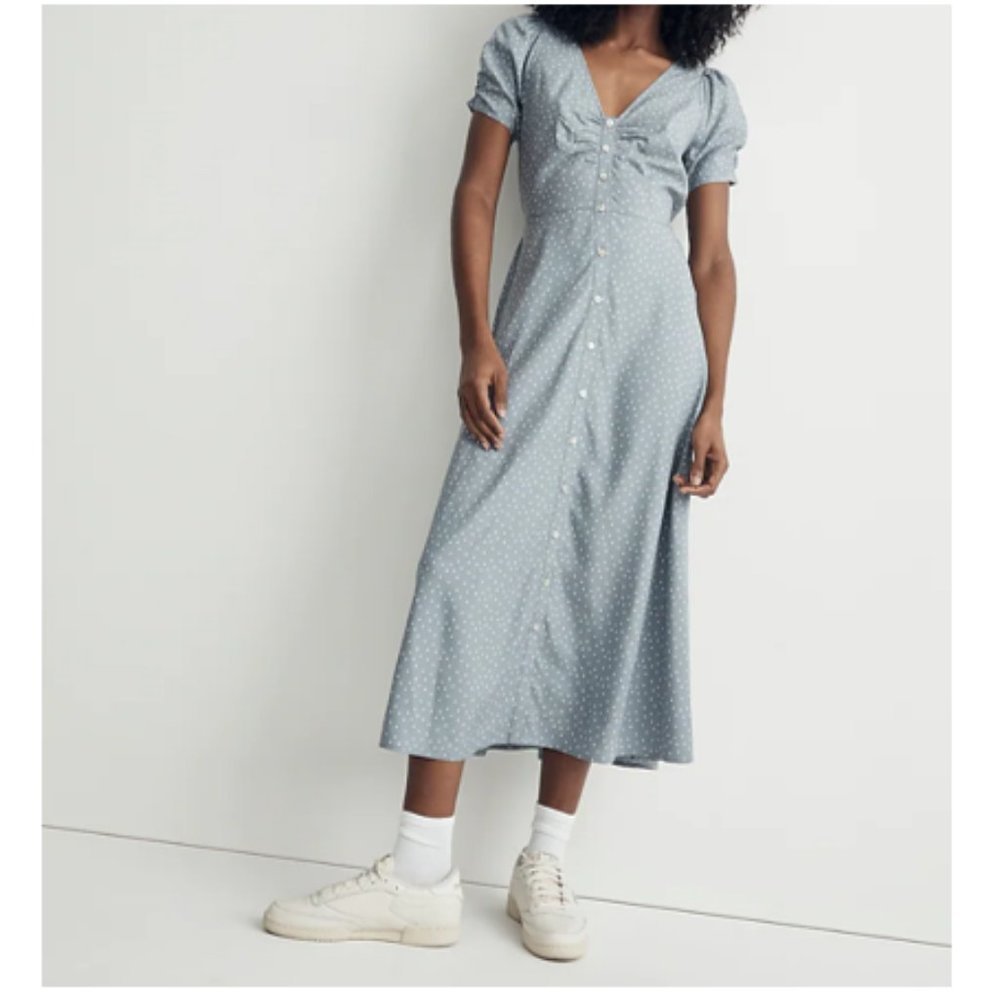 Madewell Leedra Button-Front Midi Dress Blue Polka Dot Size 8